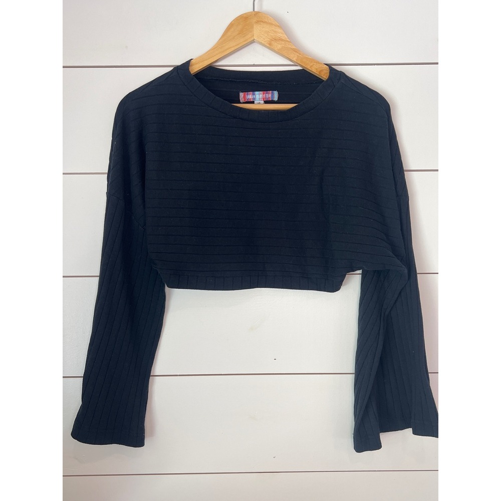 Urban Outfitters Black Ribbed Cropped Long Sleeve Top XS Crew Y2K clean girl